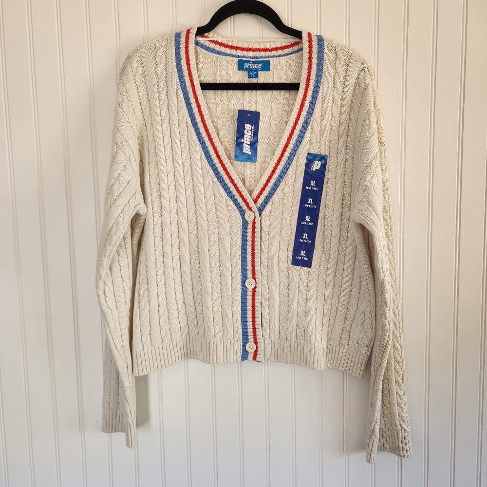 NEW PRINCE Cream Cloud Cable Knit 100% Cotton V Neck Preppy Cardigan XL